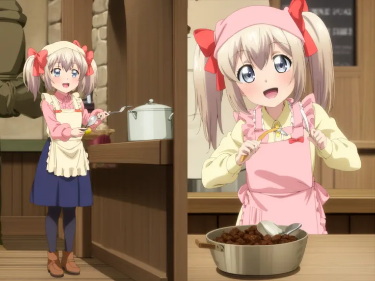 <lora:uchino_latina1-000099:1> masterpiece, best quality, twintails, smile, blue eyes, apron, head scarf, pink ribbon, twintails, holding spoon, cooking