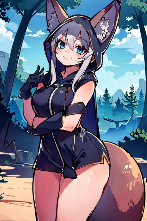 <lora:Zankuro_AnyLora_Dim32:0.8>, ((masterpiece,best quality)), absurdres, <lora:Ira_AFK:0.7>, Ira_AFK, cape, fox tail, hood up, mini skirt, smiling, solo, smiling, looking at viewer, cowboy shot, forest in background, cinematic composition, ,