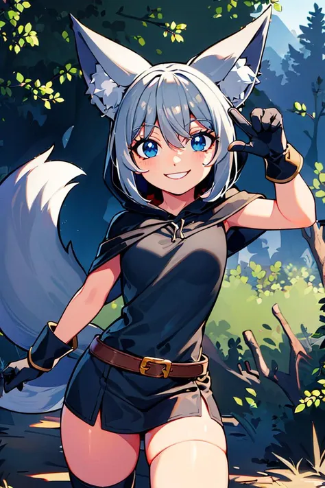 <lora:hoshino_fuuta_style:0.8>,((masterpiece,best quality)), absurdres, <lora:Ira_AFK:0.7>, Ira_AFK, cape, fox tail, hood up, mini skirt,  smiling, solo, smiling, looking at viewer, cowboy shot,  forest in background, cinematic composition, dynamic pose,