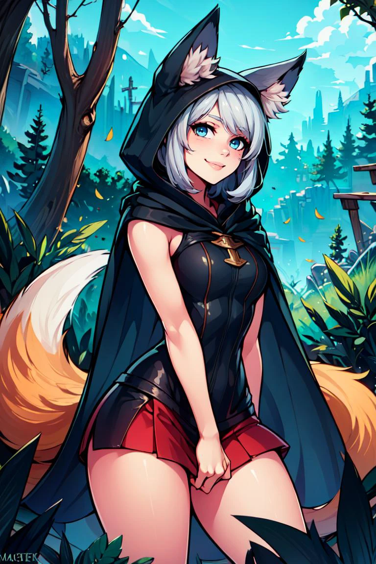 ((masterpiece,best quality)), absurdres, <lora:Ira_AFK:0.7>, Ira_AFK, cape, fox tail, hood up, mini skirt, smiling, solo, smiling, looking at viewer, cowboy shot, forest in background, ,
