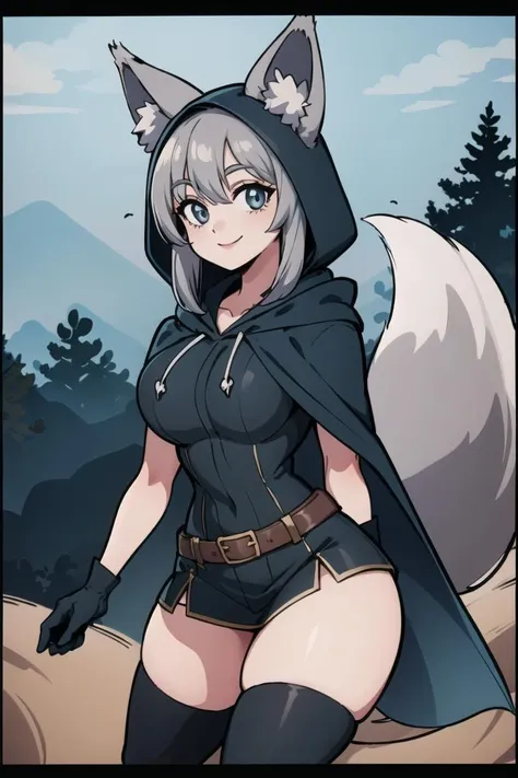 ((masterpiece,best quality)), absurdres,
<lora:Ira_AFK:0.9>, Ira_AFK, cape, fox tail, hood up, mini skirt, silver fur, 
smiling,
solo, smiling, looking at viewer, cowboy shot, 
forest in background, cinematic composition, dynamic pose,