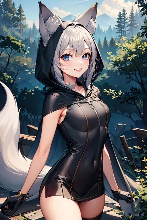 ((masterpiece,best quality)), absurdres,
<lora:Ira_AFK:0.7>, Ira_AFK, cape, fox tail, hood up, mini skirt,
smiling,
solo, smiling, looking at viewer, cowboy shot,
forest in background, cinematic composition, dynamic pose,