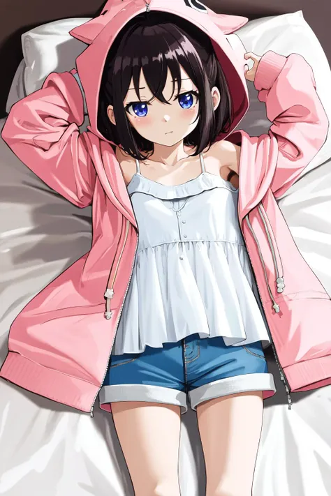 masterpiece, best quality, highres, 1girl kanna ogata, blue shorts pink jacket hooded jacket white camisole bare shoulders <lora:kanna_ogata:1> lying on back, bed sheet, arms up