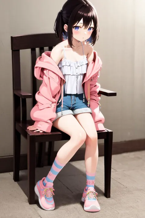 masterpiece, best quality, highres, 1girl kanna ogata, blue shorts pink jacket hooded jacket white camisole bare shoulders, striped socks pink footwear <lora:kanna_ogata:1> sitting on chair