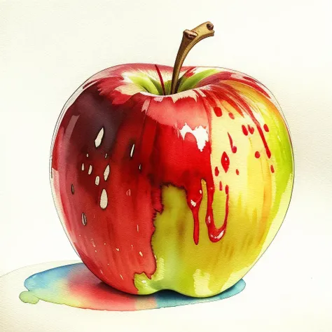 8k illustration of an apple, horror apple, ( watercolor sketch:1.1), ((best quality)), intricate detailed, watercolor sketch, watercolor pencils, fwatercolor headshot, faded illustration, unfinished, fruitynightmare, <lora:fruitynightmare_model:1>