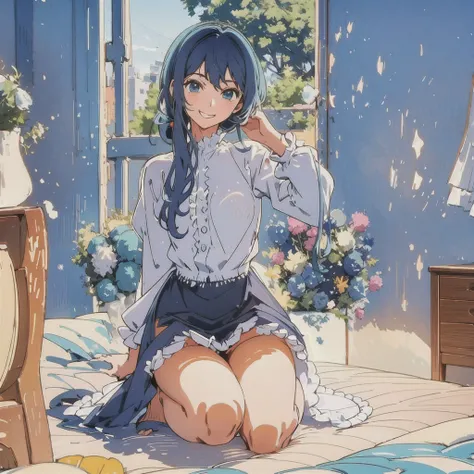 (fine beautiful eyes and detailed face, masterpiece side light, masterpiece, best quality, detailed, high resolution illustration), (1 girl, full body, beautiful girl, shiny skin, looking down, looking at the audience), (sky blue hair, pink eyes, short skirt, ribbon, button shirt)