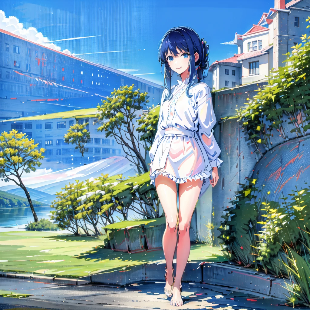 masterpiece, sidelighting, masterpiece*portrait, lustrous skin, ((1girl, solo)), best background detail,stare, bed room, tsundere, arousing,lewd, akane,front , ((light smile, happy)), long hair, looking at viewer, smile, bangs, blue eyes, shirt, blue hair, white shirt, sidelocks, frills, side ponytail, ((full body)), ((masterpiece, best quality, ultra detailed)), light smile, mountain, lake, meadow, panorama, standing, <lora:animeScreenshotLikeStyleMixLora_v10:1>, ((outdoors))