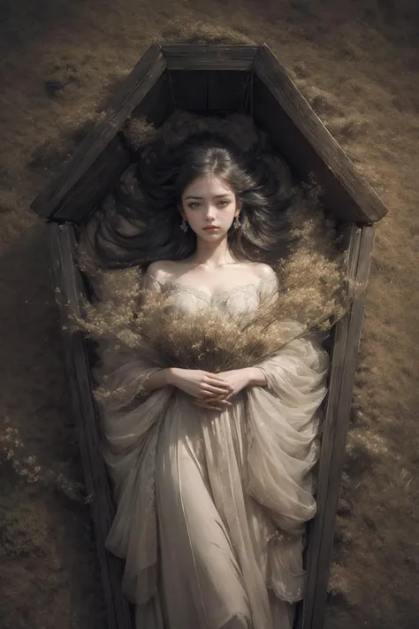 nostalgic aesthetically,1girl,black dress,melancholic,melancholy,lying,coffin,in_coffin,melancholy,nostalgic,solitude,elegance and sophistication, somber lighting, introspective composition,vintage elements,blue flower, Ethereal and muted color palette with a focus on black and gold,ridiculous fantasies,detailed textures,evocative composition,flower field,JnTrp<lora:coffin:0.8> <lora:JnTrp:0.4>