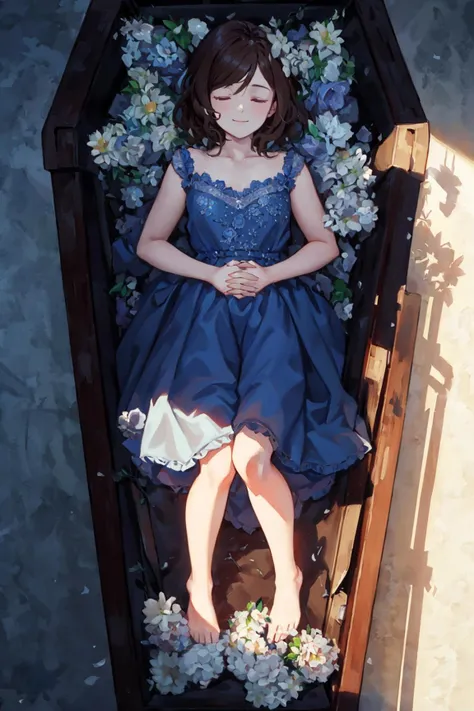 (masterpiece:1.3),(best quality:1.2),8k,absurdres,unity 8k wallpapper,(extremely detailed:1.3),highestres,highres,Amazing,illustration,beautiful studio soft light,stunningly beautiful,incredibly absurdres,vibrant details,cinematic lighting,moody lighting,pixiv,award-winning, professional, highly detailed,perfect detailed face,
in_coffin, 1girl, solo, smile, short hair, brown hair, dress, full body, closed eyes, flower, lying, barefoot, sleeveless, on back, sleeveless dress, blue dress, shadow, from above, sleeping, own hands together, interlocked fingers, sundress, shade, own hands clasped, dappled sunlight
<lora:coffin-60:1>