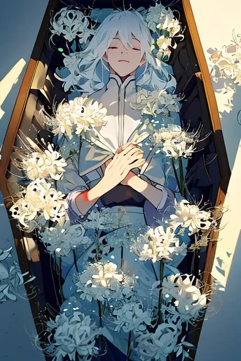 (masterpiece:1.3),(best quality:1.2),8k,absurdres,unity 8k wallpapper,(extremely detailed:1.3),highestres,highres,Amazing,illustration,beautiful studio soft light,stunningly beautiful,incredibly absurdres,vibrant details,cinematic lighting,moody lighting,pixiv,award-winning, professional, highly detailed,perfect detailed face,
gojou satoru, 1boy,white hair, closed eyes, smile, lying,coffin,<lora:manjusaka-36:1> ,spider lily, white flower,
<lora:coffin-60:1>
