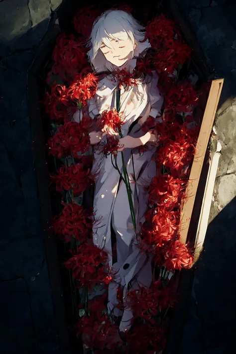 (masterpiece:1.3),(best quality:1.2),8k,absurdres,unity 8k wallpapper,(extremely detailed:1.3),highestres,highres,Amazing,illustration,beautiful studio soft light,stunningly beautiful,incredibly absurdres,vibrant details,cinematic lighting,moody lighting,pixiv,award-winning, professional, highly detailed,perfect detailed face,
1boy,white hair, short hair,closed eyes, smile, lying,coffin,<lora:manjusaka-36:1> ,spider lily, red flower, full body, manjusaka,<lora:lowRA:0.6>
<lora:coffin-60:1>