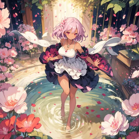 anime girl in a dress standing in a pond of water