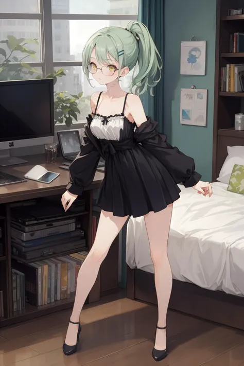 masterpiece,4k,highres,colorful,highest detailed,Gorgeous,
(full body:1.2),
1girl, solo, wide angle, wide shot, full body, bedroom, computer monitor, at After dusk, naizuri, Light Green hair, Hairclips, ponytail, Dark Yellow eyes, mature female, milf, camisole, miniskirt, sunglasses, high heels, small breasts, distracted, aloof, oblivious,