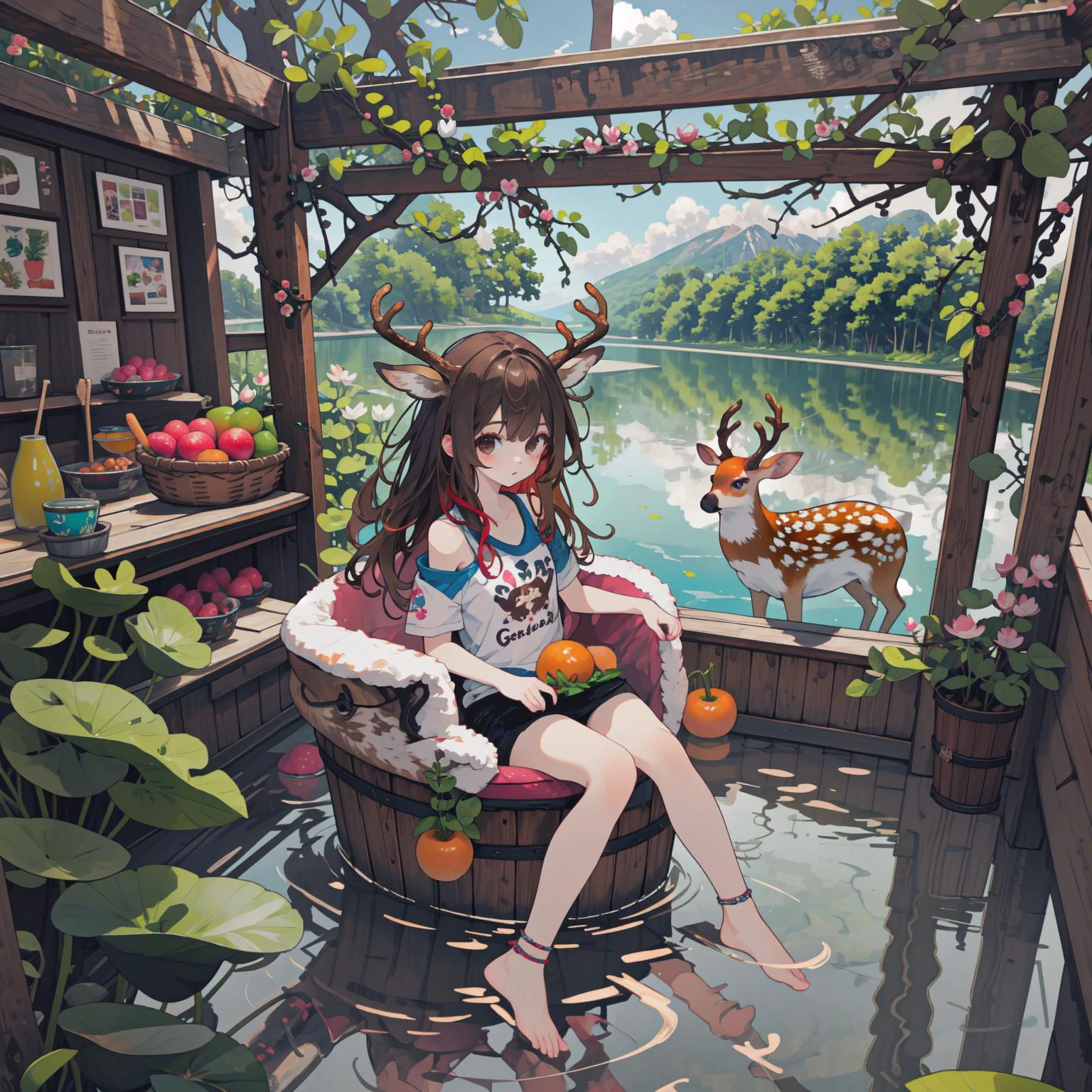8k,4k,highres,absurdres,best quality,masterpiece,digital artwork,illustrative,painterly,matte painting,highly detailed,distinct image,cg,
very wide shot,
a girl with a ((gaint deer)) sitting in a Wooden bucket partially submerged in the lake,
1girl,partially submerged,(full body:1.2),(brown simple single bare shoulder t-shirt:1.2),brown hair hair,deer ears,black eyes,floating hair,very long hair,collarbone,
tree,lake,fruit,bridge,jungle,weeds,lotus,treehouse,secretbase,house on cliff,reflection,dappled shadow,day,cloudy sky,Wooden bucket,carrot,radish,blurry reflection,fur-trimmed blanket,
deer,animal,
<lora:Gloomifier_V2_TheGlow:-1>,
<lora:LCM-LoRA_sd15:1>,
<lora:neg4all_bdsqlsz_V3.5:1>,
<lora:zoom_slider_v1:-5>,
<lora:detail_slider_v4:2>,
<lora:niji - Cthulhuï¼Tentaclesï¼_v1.0:1:0.4:lbw=STYLEONLY>,
<lora:YHM_V7:1:0.7:lbw=STYLEONLY>,
<lora:HeightRatioSlider_v2:-1>,