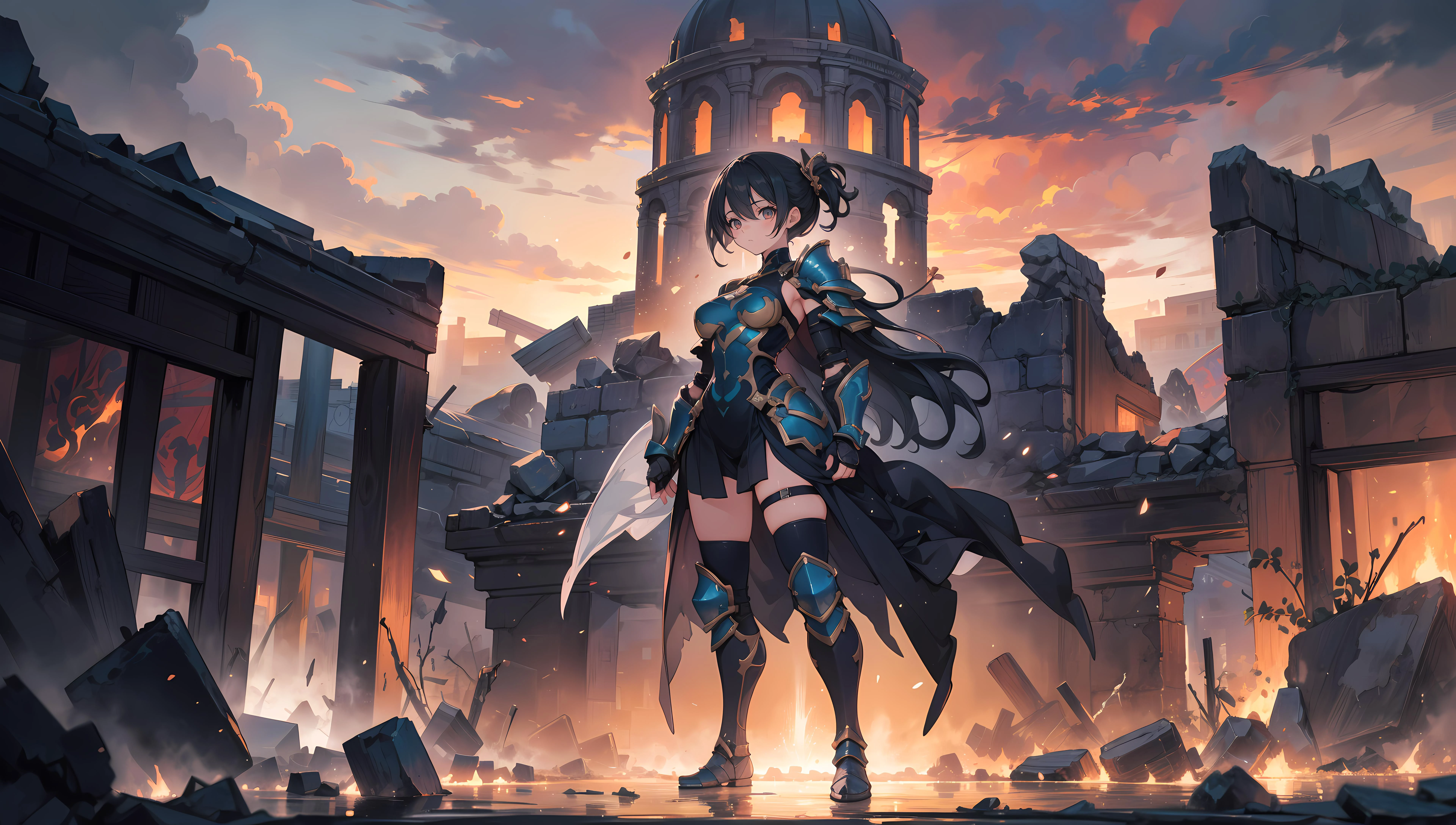 A breathtaking masterpiece, crafted with meticulous attention to detail. HDR lighting and ultra-realistic textures immerse the viewer in a captivating world. (Combat pose: 1.5) An athletic, powerful silhouette stands ready, emanating palpable strength and determination. The glowing embers of dusk bathe the scene, casting dynamic shadows on the ancient ruins that stand proudly. A stormy sky adds a touch of mystery and tension to the overall composition. (Ruins, stormy sky, dusk: 1.4) (Combat armor: 1.3) Carefully forged armor protects the warrior's body, reflecting her unwavering bravery and resolve.