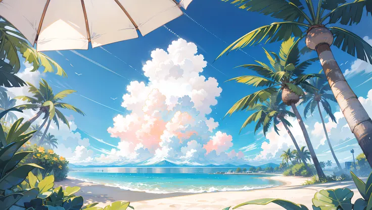 A paradisiacal beach bathed in golden light, with crystalline waves gently breaking on the fine sand. A vibrant azure sky is dotted with fluffy clouds, creating a serene, summery atmosphere. (Relaxed pose: 1.4) An athletic woman stands casually, her toned physique on display in a stylish swimsuit. Her relaxed expression reflects the peaceful rhythm of the scene. Verdant palm trees frame the composition, adding an exotic touch to the overall setting. The pristine, uninterrupted beach stretches out, inviting the viewer to bask in the warm, sun-drenched atmosphere. (Beach, palm trees: 1.3) (Trendy swimsuit: 1.2) The female character's swimwear blends style and functionality, accentuating her athletic silhouette with a touch of sophistication.
