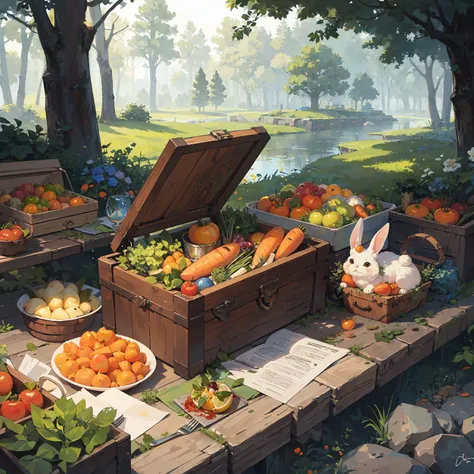 there is a painting of a picnic table with a bunch of fruits and vegetables