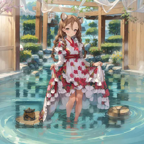 (slim,thin,skinny), masterpiece,4k, best quality,top quality, official art,highest detailed,colorful,distinct_image,, 1girl,solo,deer ears, steaming onsen,partially submerged, mist,fog, brown hair,grey eyes, sundress, dappled shadow,wet,hot spring,dress lift,lifted by self, (full body),parted bangs, (forehead), very long hair, twin braids,