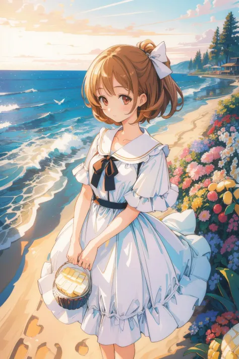 a girl in a dress standing on a beach next to the ocean