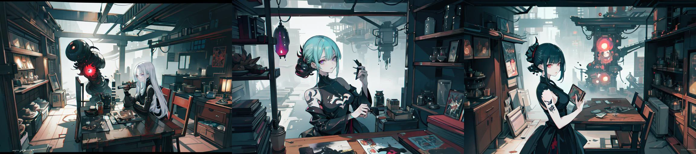 (otherworldly, otherworldly atmosphere, otherworldly appearance), highly insanely detailed, masterpiece, top quality, best quality, highres, 4k, 8k, RAW photo, a woman with tattoos is holding a knife and looking at a picture of herself on a table with other objects, artist, anime art, cyberpunk art, analytical art, (fantasy world)