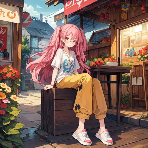 (slim,thin,skinny), masterpiece,4k, best quality,top quality, official art,highest detailed,colorful,distinct_image,, brown theme, pants, bottle, 1girl, glasses, shirt, sitting, looking_at_viewer, plant, jewelry, black_hair, barefoot, holding bottle, solo,striped track pants, white_shirt, short_sleeves, water_bottle, indoors, window, feet, white_footwear, necklace, smile, bangs, closed_mouth,very long hair,pink hair, outdoors,street,cityscape,one side up, (sneakermules)