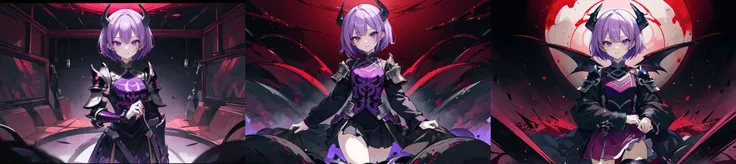 highly insanely detailed, masterpiece, top quality, best quality, highres, 4k, 8k, RAW photo, (very aesthetic, beautiful and aesthetic), <lora:Atsushi_Ohkubo_Style-000007:1>, by Atsushi Ohkubo, a demon girl, psychedelic hell background, sharp teeth smile, short purple hair, in revealing armor