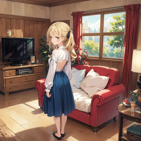 anime girl standing in a living room with a red couch