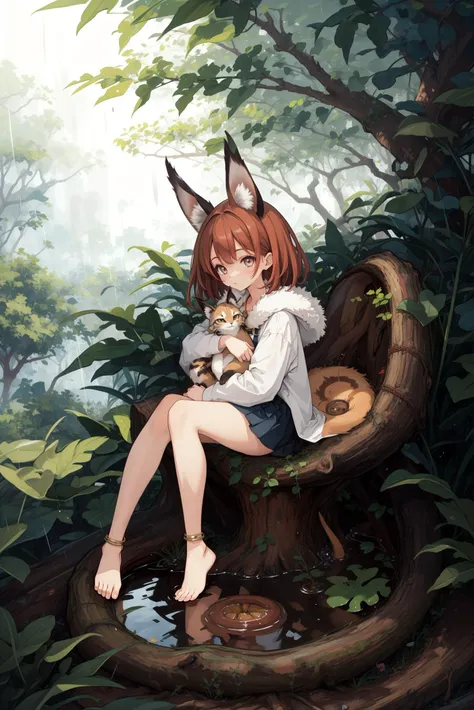 ,, ,, panorama view, rainy day,A girl curled inside tree hole to take shelter from the rain,1girl,solo,full body,brown hair,heavy rain,(tree hole),sitting inside tree,barefoot,long pleated skirt,bare legs,grey eyes,jungle,caracal ears,anklet,hugging caracal