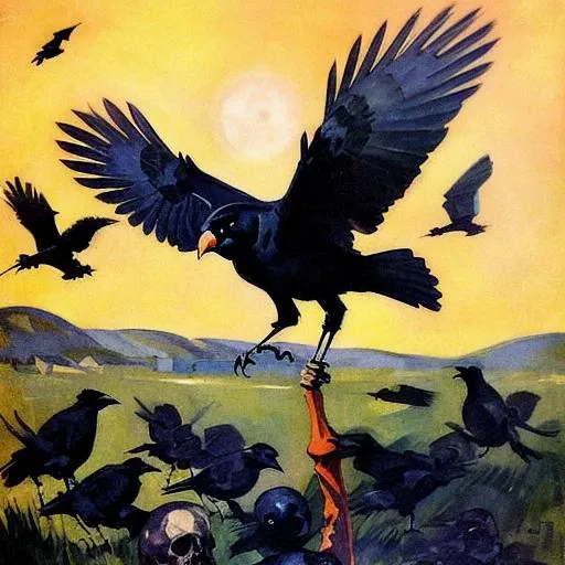 sd-prohib a group of crows around a human skull, broad brushstrokes, painterly, dynamic, adventure, idealism, pictorial, country gentleman, 1923, cover art, illustration