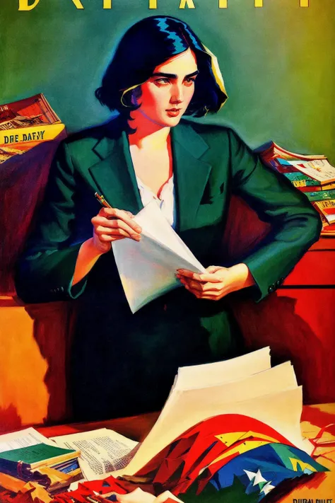 sd-prohib A tenacious woman jenn1f1850 journalist uncovering a high-stakes conspiracy in a bustling metropolis, cyberpunk, weaving through crowded streets and dark alleyways, close up, Detailed clothes, green eyes, flowing hair, determined expression, shiny glossy skin, subsurface scattering, 1937
medium brushstrokes, painterly, dynamic, family life, idealism, pictorial, country gentleman, adventure, cover art, illustration