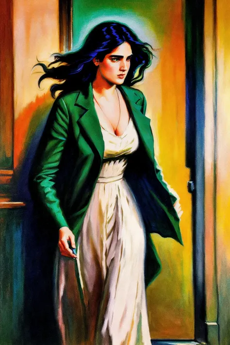 sd-prohib A tenacious woman jenn1f1850 journalist,long coat, cyberpunk,scifi, (weaving through crowded streets and dark alleyways), close up, Detailed clothes, green eyes, flowing hair, determined expression, medium brushstrokes, high quality, defined fingers, realistic, painterly, dynamic, adventure, idealism, pictorial, country gentleman, cover art, illustration