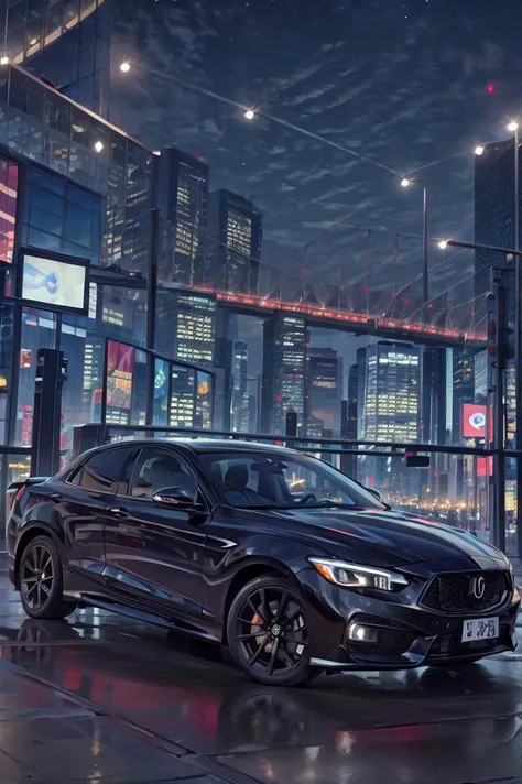 (masterpiece:1.2),(ultra-detailed:1.2), (perfect-composition:1.2), 8K, modern city, car, shop, neon lights, night sky, darkness