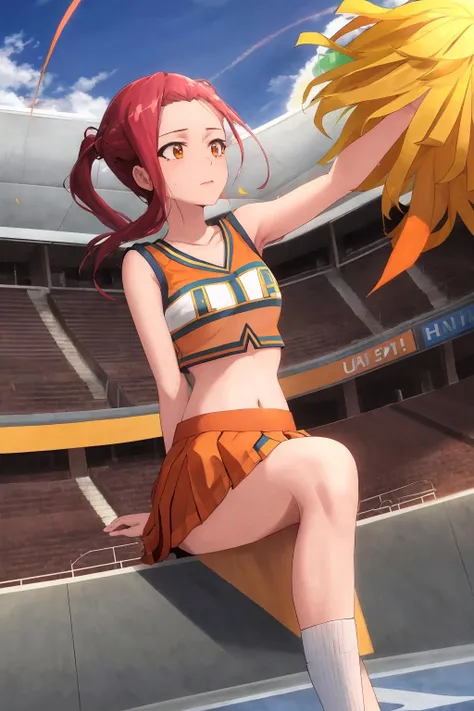 ((masterpiece, high quality, highres,))
outdoors, sky, crossed legs,
pina, U.A. CheerUniform, pom pom \(cheerleading\), orange crop top, orange skirt, <lora:UACheerleader:1>, <lora:Pina:0.8>
