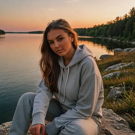 <lora:mirella:1>, mirella sitting on the rocks in sunset, hoodie