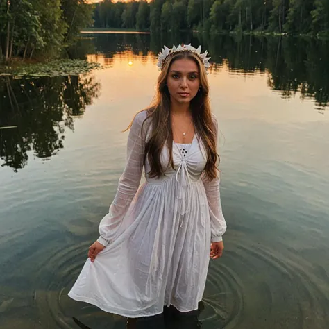 <lora:mirella:1>, mirella standing in a lake wearing a white dress, modest, looking at viewer, sunset, leaves headpiece