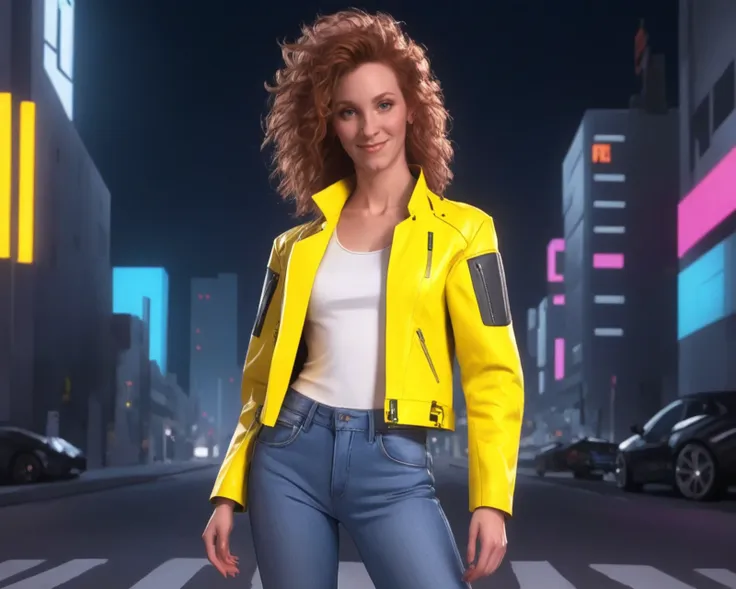 (JudithHoagTMNTApril:1.1), a high resolution RAW photo of a JudithHoagTMNTApril woman with long curly red hair, cyberpunk hairstyle, wearing a cyberpunk style yellow leather jacket and white shirt and denim jeans, sexy standing pose, on a futuristic cyberpunk city sidewalk at night, cyberpunk city with neon lights and futuristic buildings and futuristic sports cars driving by, smiling and ((looking at the camera)), (thin torso, slender, flat chest, smallest breasts, slender build), sexy portrait, <lora:JudithHoag_90s_TMNT_April_ONeil_SDXL:1>