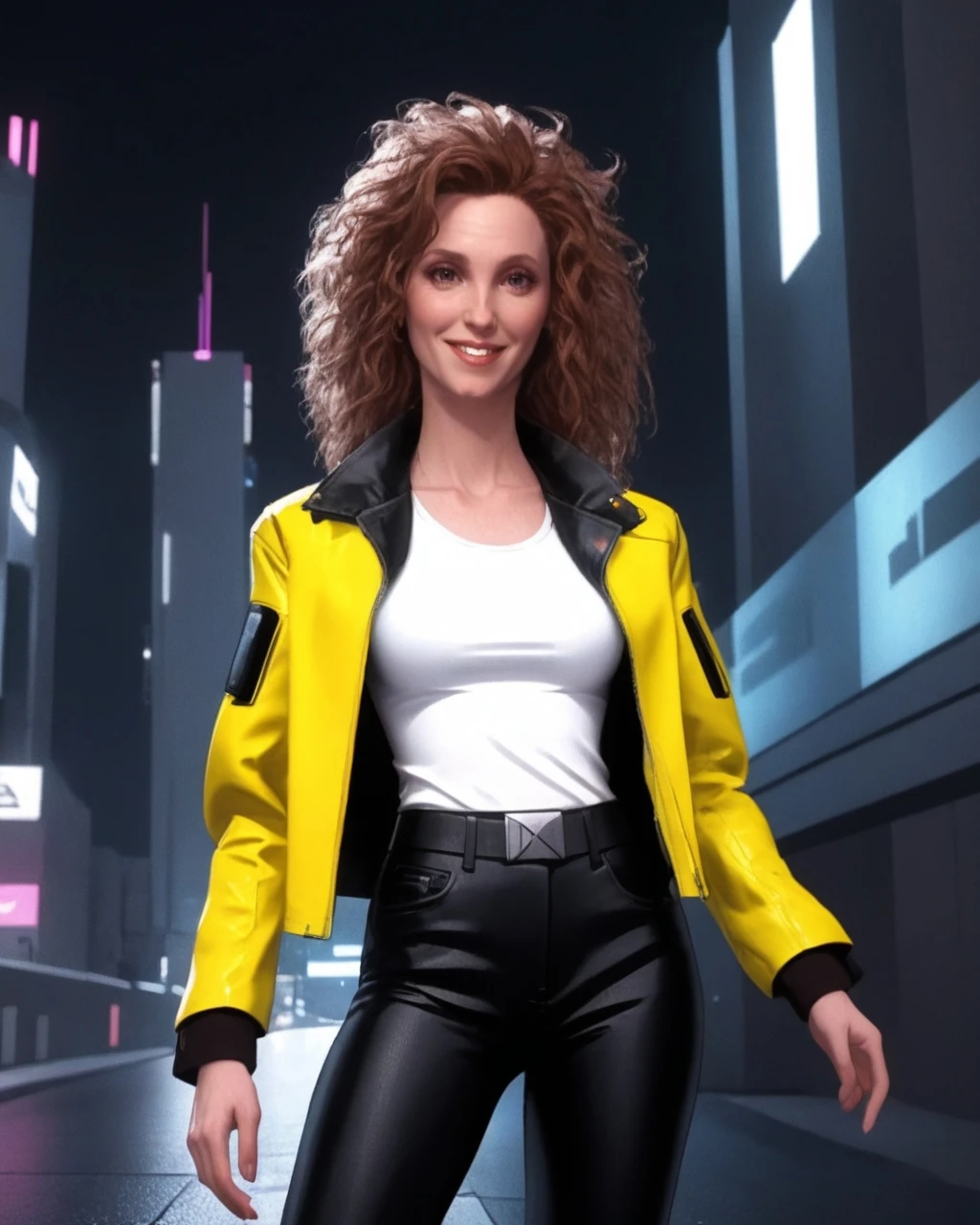 (JudithHoagTMNTApril:1.1), a high resolution RAW photo of a JudithHoagTMNTApril woman with long curly red hair, cyberpunk hairstyle, wearing a cyberpunk style yellow leather jacket and white shirt and black pants, sexy standing pose, on a futuristic cyberpunk city sidewalk at night, cyberpunk city with neon lights and futuristic buildings and futuristic sports cars driving by, smiling and ((looking at the camera)), (thin torso, slender, flat chest, smallest breasts, slender build), sexy portrait, <lora:JudithHoag_90s_TMNT_April_ONeil_SDXL:1>