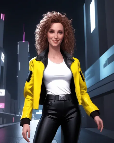(JudithHoagTMNTApril:1.1), a high resolution RAW photo of a JudithHoagTMNTApril woman with long curly red hair, cyberpunk hairstyle, wearing a cyberpunk style yellow leather jacket and white shirt and black pants, sexy standing pose, on a futuristic cyberpunk city sidewalk at night, cyberpunk city with neon lights and futuristic buildings and futuristic sports cars driving by, smiling and ((looking at the camera)), (thin torso, slender, flat chest, smallest breasts, slender build), sexy portrait, <lora:JudithHoag_90s_TMNT_April_ONeil_SDXL:1>
