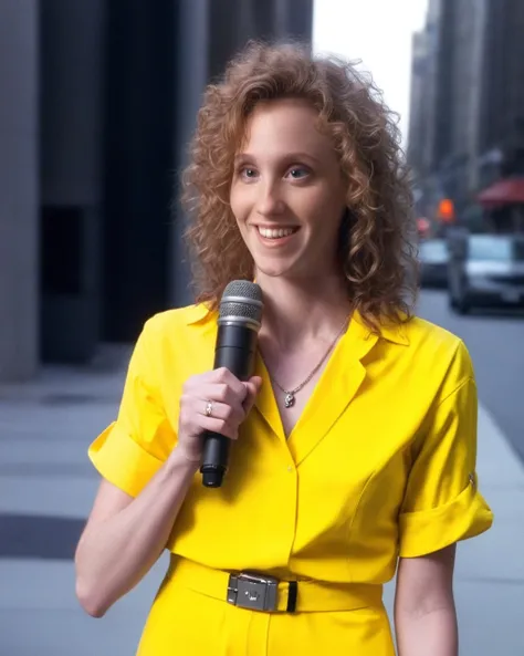(JudithHoagTMNTApril:1.1), a high resolution RAW photo of a young JudithHoagTMNTApril woman with long curly red hair, wearing a yellow jumpsuit with sleeves rolled up and a watch on her wrist, holding and speaking into a news microphone, sexy standing pose, on a city sidewalk, smiling and looking at the viewer, (thin torso, slender, flat chest, smallest breasts, slender build), sexy portrait, photorealism, photorealistic, <lora:JudithHoag_90s_TMNT_April_ONeil_SDXL:1>