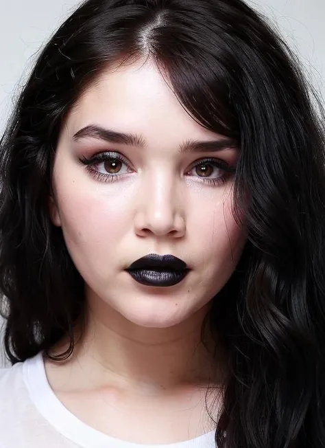 1girl,face focus,(eyes focus),white t-shirt,black eyes,(perfect skin),long eyelashes,(makeup,lipstick,black lips),voluminous hair,simple white background, <lora:Lada_Brik:0.9>