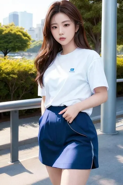 (skin blemish:1.2), (skindentation), black eye, 1woman, 25yo, (((woman))), solo, realistic, best quality, photorealistic, masterpiece, 8k, high res, solo, extremely detailed face, (professional lighting, bokeh), (light particles, lens flare, glowing particles:0.6), (dynamic pose:1.2), soft lighting, top angle view, fashionable and trendy atmosphere, Korea, seoul, street, city, park, shop, river, ((daytime)), sky, ((looking at the viewer:1)), (looking at the camera),(portrait:0.6), cowboy shot, gorgeous, walking, hands down, keep original facial proportion, wide shoulder, full body, (small breast), (medium hair), brown hair, floating hair, lips, lipstick, smile, floating hair, smile, open_mouth, teeth, office suit, uniform, blue short sleeves shirt, long skirt, eyelashes, mole, (mole under eye:1), <lora:GYJ:0.8>