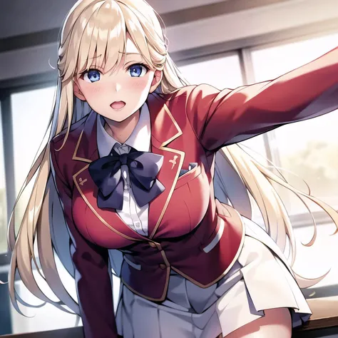 <lora:Nanase:0.5>,
woman, school uniform, red jacket, white skirt, blonde hair, blue eyes, classroom
masterpiece, best quality, (natural skin texture, hyperrealism, soft light, sharp:1.2)