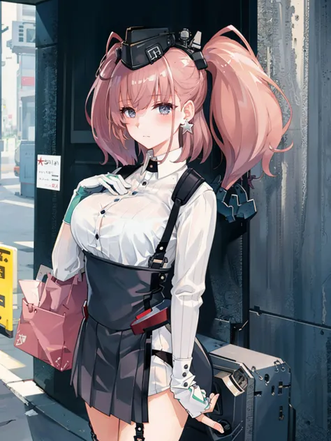 atlanta \(kancolle\), 1girl, skirt, solo, hat, garrison cap, suspender skirt, long sleeves, partially fingerless gloves, gloves, suspenders, star earrings, black skirt, high-waist skirt, shirt, earrings, jewelry, breasts, large breasts, white shirt, star \(symbol\), black headwear, anchor hair ornament, white gloves, cowboy shot, single earring, blush, dress shirt, closed mouth, buttons, original, intricate detail, illustration, masterpiece, extremely detailed CG unity 8k wallpaper, highlight, sharpening, dynamic, <lora:Atlanta-2:0.8>