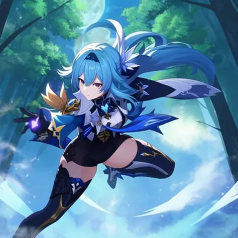 anime drawing of EulaLawrenceGI with blue_hair and yellow_eyes and purple_eyes,
high contrast, high saturation, <lora:epiNoiseoffset_v2:0.2>,
dark forest,
moon light,
cautious,
imminent danger,
<lora:EulaLawrenceGI:1>