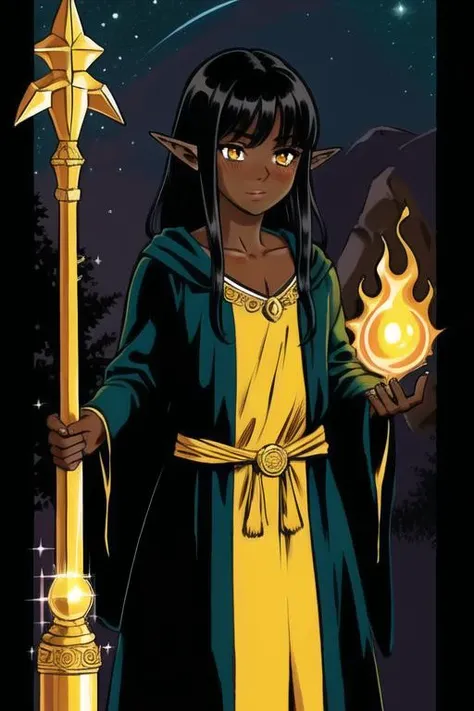 masterpiece, best quality, highly detailed, 1girl, (solo), (long black hair), (bangs), (dark skin, dark skinned:1.2), (yellow eyes), fantasy, (green mage robe:1.3), elf ears, night sky, thin gold earrings, adult, medium chest, blush, elemental master
<lora:twistedStyle_v10:0.6>
