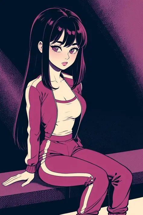 girl, (wallpaper:1.4), Retro,Heavy Rain Background,Slim Waist,No Cleavage,Sitting parallel to the camera, hand on knee,Very Long Hair,Fringe,(mauve Jersey,mauve Tracksuit Pants:1.3),blue archive,Robe ,(masterpiece,detailed,highres:1.4) <lora:twisted:0.6>
