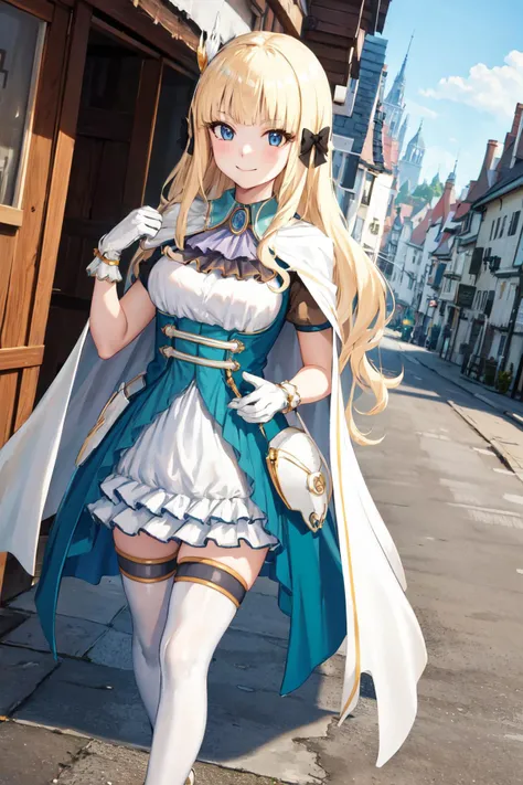 masterpiece, (detailed, highres, best quality), 1girl, <lora:saren_v1:1> aasaren, long hair, blonde hair, hair bow, black bow, hair ornament, blunt bangs, pointy ears, large breasts, brooch, white cape, aqua dress, underbust, short sleeves, white gloves, white skirt, frilled skirt, white thighhighs, cathedral, day, feet out of frame, lamppost, outdoors, tower, closed mouth, hands up, looking at viewer, looking to the side, smile, solo