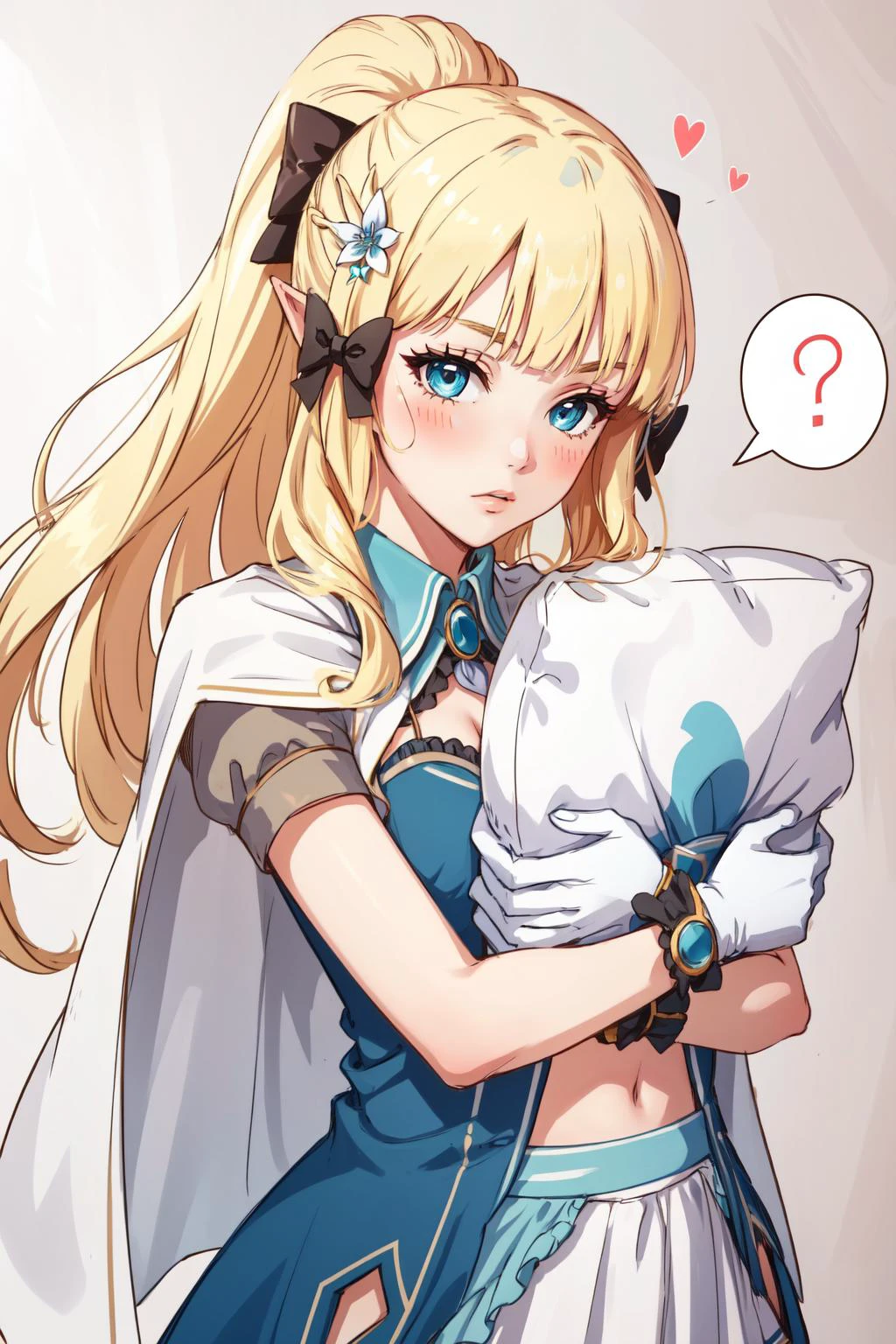 (masterpiece, best quality), intricate details,
1girl, <lora:saren_v1:0.8> aasaren, long hair, blonde hair, hair bow, black bow, hair ornament, blunt bangs, pointy ears, large breasts, brooch, white cape, aqua dress, underbust, short sleeves, white gloves, white skirt, frilled skirt, white thighhighs, bbsaren, long hair, blonde hair, ponytail, blunt bangs, hair bow, black bow, hair flower, pointy ears, criss-cross halter, cleavage, aqua bikini, o-ring
<lora:pillow_v3-000010:0.8> lying, on stomach, pilllow hug, holding pillow, spoken blush, spoken question mark, spoken exclamation mark, spoken heart, yes-pillow,
