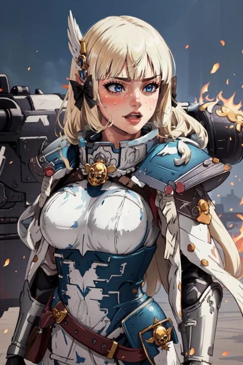 (masterpiece, best quality), intricate details,
1girl, <lora:saren_v1:0.8> aasaren, long hair, blonde hair, hair bow, black bow, hair ornament, blunt bangs, pointy ears, large breasts,
sweating,
<lora:edgWar40KAdeptaSororitas:1> edgAdepta, ,wearing edgAdepta,power armor,shoulder armor,skull emblem
flamethrower, maniacal, dark, battlefield, black armor,