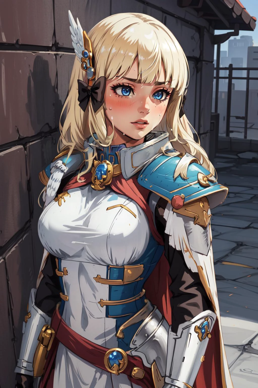 (masterpiece, best quality), intricate details,
1girl, <lora:saren_v1:0.8> aasaren, long hair, blonde hair, hair bow, black bow, hair ornament, blunt bangs, pointy ears, large breasts,
sweating,
<lora:edgWar40KAdeptaSororitas:0.8> edgAdepta, ,wearing edgAdepta,power armor,shoulder armor,skull emblem